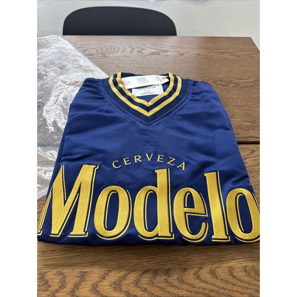 Modelo Cerveza Bomber Pullover Jacket Size L Navy Blue gold NWT Homefield campus